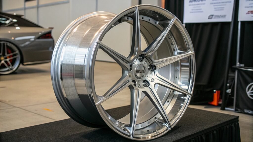 A close-up shot of a beautifully machined, high-performance forged aluminum wheel on a sports car.